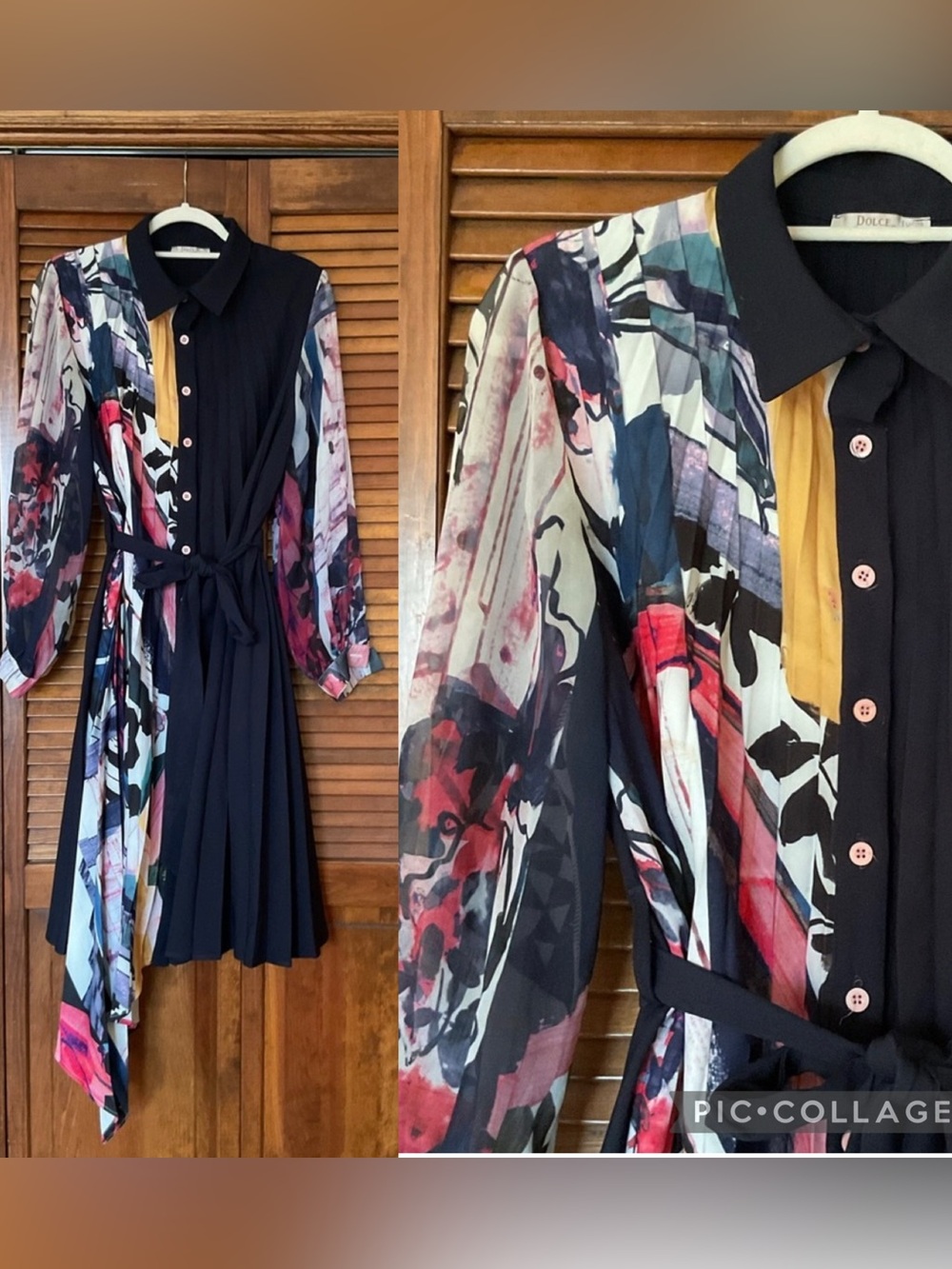 Dolce Carina Plus Size navy pleated dress with floral panels size 14
